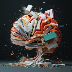 Poster - A dynamic illustration of an open brain made from books and stationery, symbolizing education and knowledge, bursting with vibrant colors, 4K sharp detail