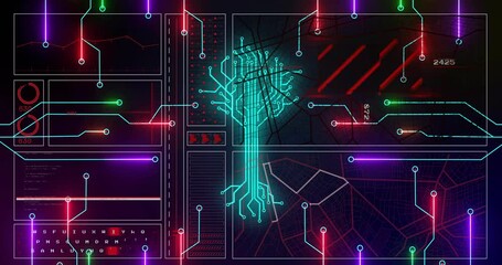 Animation of futuristic digital interface with circuit tree and neon data graphs