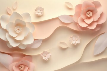 Leinwandbilder - Delicate paper art background with pastel flowers and wavy layers for elegant designs and beautiful compositions Generative AI