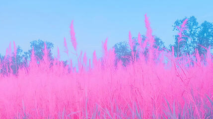 Pink grass field sunset landscape, trees background, dreamy aesthetic, website banner