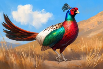 Poster - A pheasant walking through tall grass, its iridescent feathers glowing in the golden light