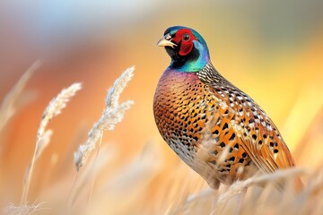 Poster - A pheasant walking through tall grass, its iridescent feathers glowing in the golden light