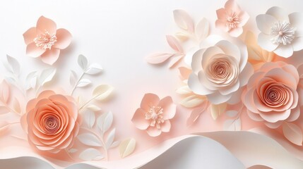 Aufkleber - Delicate pastel paper flowers and leaves create an elegant art background with smooth layers in blush pink, peach, and beige Generative AI