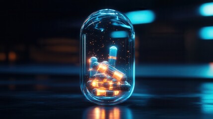 Leinwandbilder - Futuristic transparent pill bottle showcasing glowing capsules in a high tech cyberpunk design Generative AI