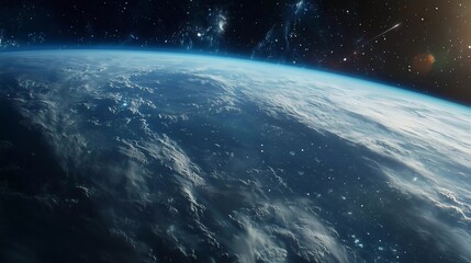 a beautiful blue planet with a star in the background. the planet is surrounded by clouds, giving it