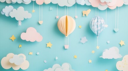 Aufkleber - Charming whimsical paper art background with clouds, balloons, and stars creating a dreamy atmosphere for text layout Generative AI