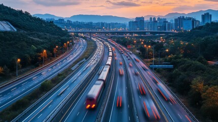 Poster - A bullet train running alongside a highway, showing the speed and efficiency of rail travel.