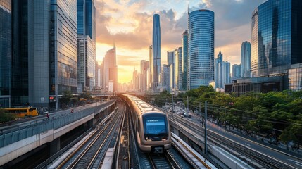 Poster - A high-speed train crossing an urban skyline with skyscrapers and busy streets below.