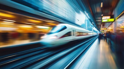 Aufkleber - A motion blur effect of a high-speed train zooming past a crowded city station.