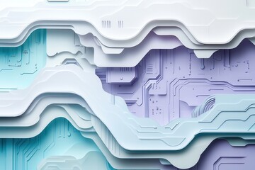 Poster - Futuristic layered paper art background showcasing digital circuits with soft shadows in cool tones of blue, purple, and gray Generative AI