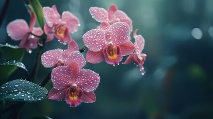 Poster - Orchids on a tree after a fresh rain, with dewdrops glistening on the petals.