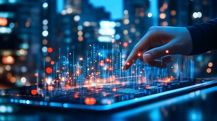 A hand interacts with futuristic digital data representation interface