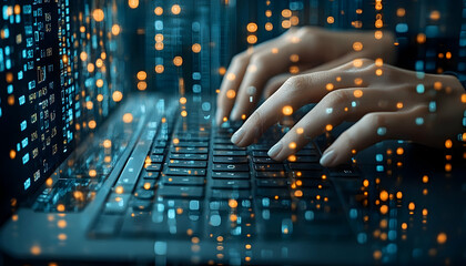 Close Up of Hands Typing on Laptop Keyboard with Glowing Digital Data Stream