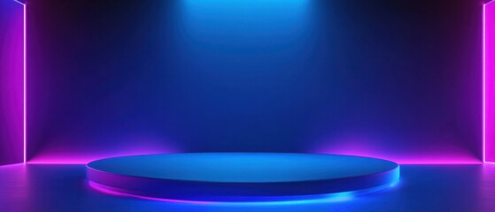 Wall Mural - modern blue and purple neon podium stage with glowing lights for product display concept of futurist