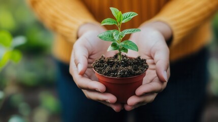 Aufkleber - Hands holding a small potted plant with fresh green leaves in a vibrant garden setting Generative AI