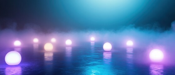 Wall Mural - glowing spheres on reflective surface with fog, abstract scifi landscape with neon lights, creating 