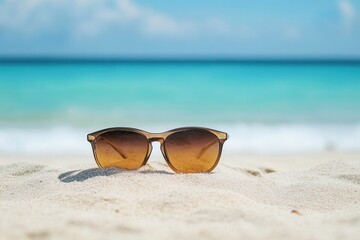 Aufkleber - Sunlight glistens on sandy beach with sunglasses resting on shore and turquoise waters in background Generative AI
