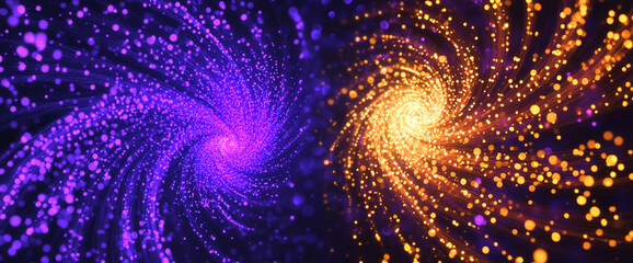 Fototapete - Abstract image of two swirling galaxies, purple and gold, with bright particles creating a dynamic, energetic effect, symbolizing cosmic energy and vibrant creation