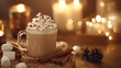 © Rachakrit - cozy winter themed scene with steaming cup of coffee topped with whipped cream, surrounded by candles and festive decorations