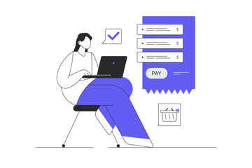 Wall Mural - virtual finance. online banking. woman making online shopping, ordering and paying of digital check.