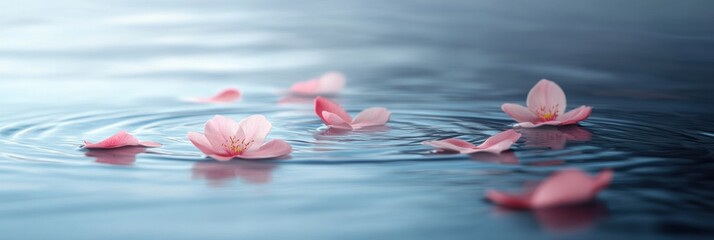 Aufkleber - Soft pastel colors create a calming atmosphere with floating flower petals on tranquil water with gentle ripples Generative AI