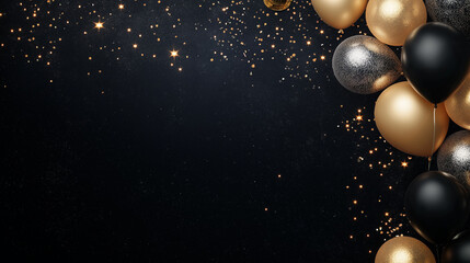 Wall Mural - elegant celebration: metallic gold, silver, and black balloons float against a dark background, crea