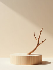 Wall Mural - a minimalist 3d rendered image featuring a beige background, a wooden pedestal, and a natural tree b