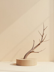 Wall Mural - a minimalist 3d rendered image featuring a beige background, a wooden pedestal, and a natural tree b