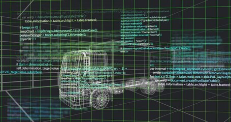 Truck wireframe with programming code overlay on digital grid background animation