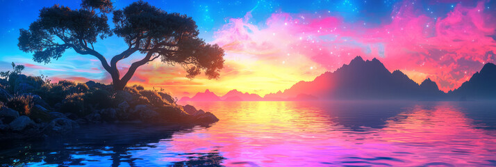 Aufkleber - Futuristic landscape where natural elements like trees and water are overlaid with vibrant, glowing