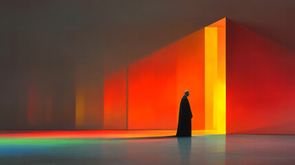Poster - Poetic scene featuring a solitary figure in a spacious, light-filled environment, with gentle lens