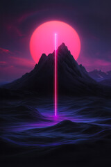 Aufkleber - A futuristic landscape where glowing digital networks and vibrant neon beams converge at a distant