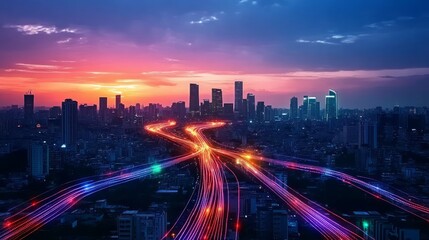 smart city with speed line glowing light trail surround the city. big data connection technology con