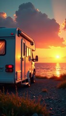 Wall Mural - camper parked seaside, bathed in warm sunset glow , sun, light