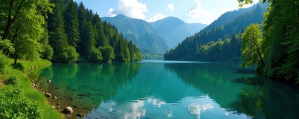 Wall Mural - emerald lake, titisee, black forest, germany lush greenery surrounds tranquil waters , view, vacatio