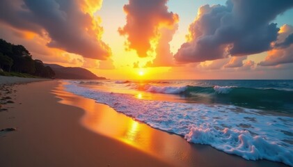 Wall Mural - golden sunset paints sky, calm waves caress sandy shore , peaceful, travel