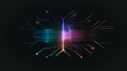 Wall Mural - cybernetic symphony: a neon circuit board radiates with colorful energy against a dark backdrop, por