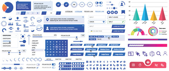 A set of UI components for mobile apps and websites: buttons, forms, icons, menus, panels and infographics. Modern minimalist design with gradients for easy interaction