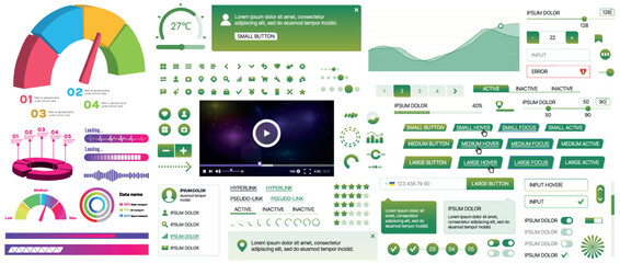 A set of UI components for mobile apps and websites: buttons, forms, icons, menus, panels and infographics. Modern minimalist design with gradients for easy interaction