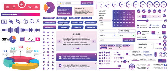 A set of UI components for mobile apps and websites: buttons, forms, icons, menus, panels and infographics. Modern minimalist design with gradients for easy interaction