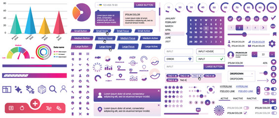 A set of UI components for mobile apps and websites: buttons, forms, icons, menus, panels and infographics. Modern minimalist design with gradients for easy interaction