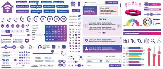 A set of UI components for mobile apps and websites: buttons, forms, icons, menus, panels and infographics. Modern minimalist design with gradients for easy interaction