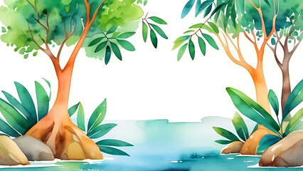 watercolor trees and lake illustration with rocks and greenery nature scene