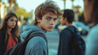 © kora studio - group of teenagers crossing street, looking concerned and troubled. boy in foreground has tousled hair and hoodie, while others appear distracted
