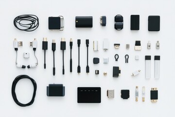 Fototapete - Neatly arranged assortment of small electronic devices on a white background ideal for tech enthusiasts and organizers Generative AI