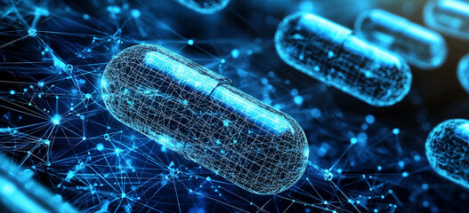 digital capsules are depicted with a web of interconnected nodes in a dark blue light environment.