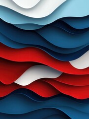Poster - Dynamic layered waves in red, blue, and white create a powerful paper art background for national pride and movement Generative AI