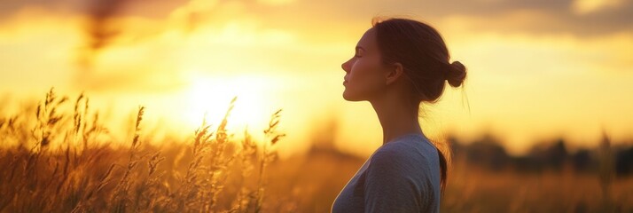 Poster - Woman standing in a field at sunset, silhouetted against a golden sky, enjoying a serene moment in nature Generative AI