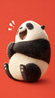 © 用脚 开门 - Cheerful cartoon panda with a round belly, laughing joyfully against a vibrant red background.