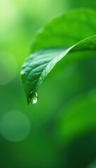 Wall Mural - Leaf with a single droplet suspended in mid-air serenity, minimalist, still, green